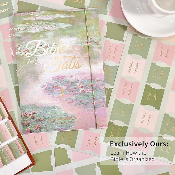 Bible Tabs, 66 Gold Foil Pre-Printed Chapter Labels + 39 Blank Water Lilies Theme Laminated Index Tabs with Alignment Ruler, Bible Journaling Study Supplies for Women & Men, Bible Sticker Accessories