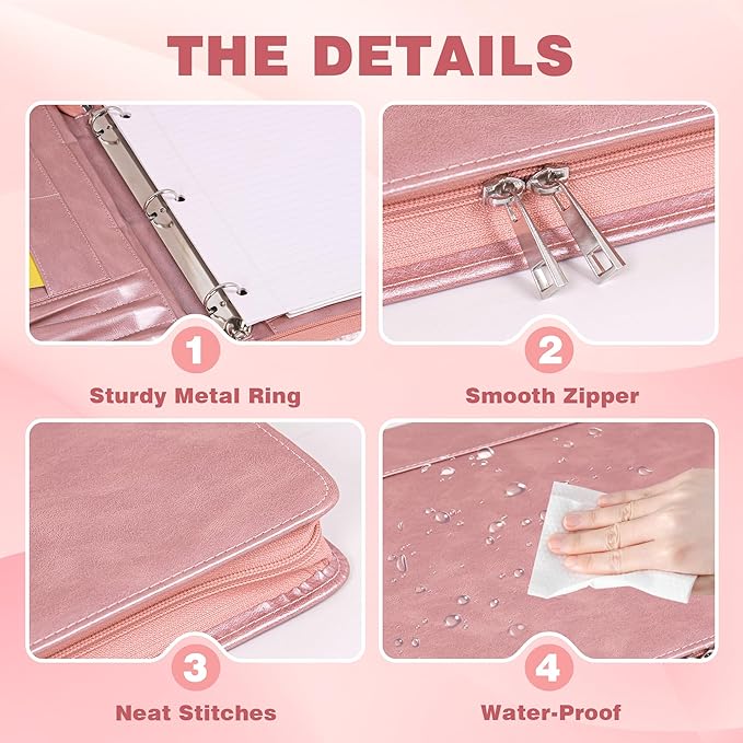 AZXCG Leather Padfolio for Women,Zippered Padfolio with 3 Ring Binder,Business Portfolio Organizer for Women with A4 Writing Pad Holder, Portfolio Binder for Meeting,Gift for Valentine's Day