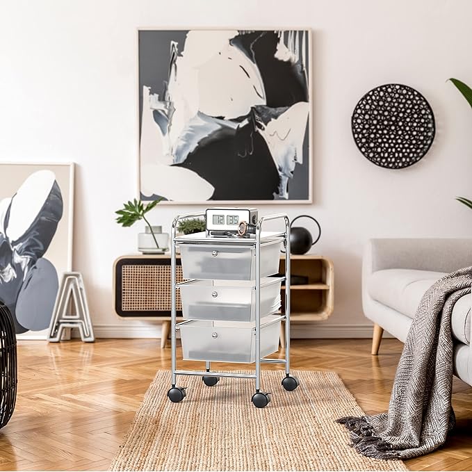 Simple Houseware Utility Cart with 3 Drawers Rolling Storage Art Craft Organizer, Chrome
