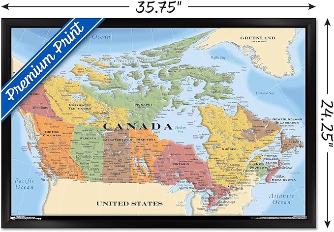 Map - Canada Wall Poster, 34L" x 22.4W", Black Framed Version