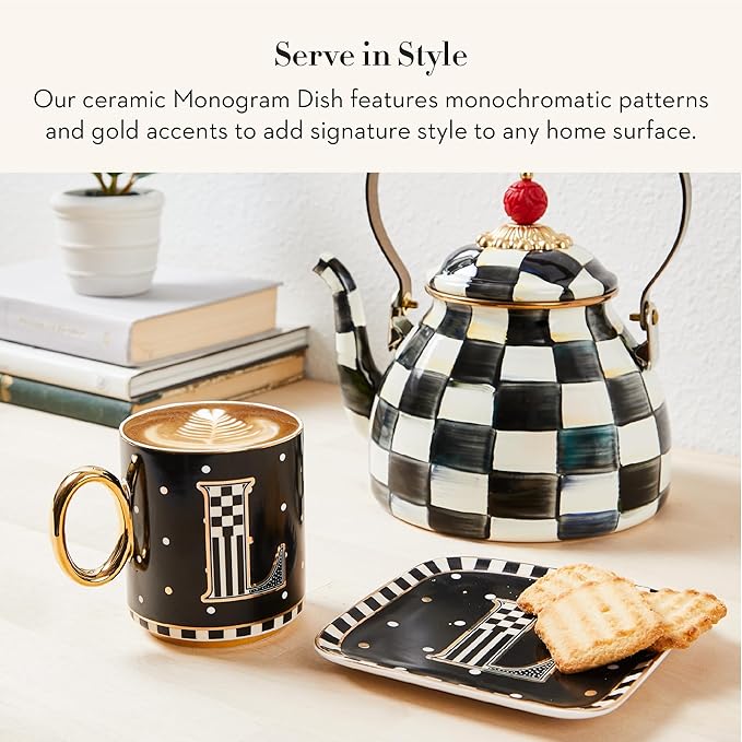 MACKENZIE-CHILDS Monogram Dish, Decorative Ceramic Letter Plate, 5 3/4" Square, D