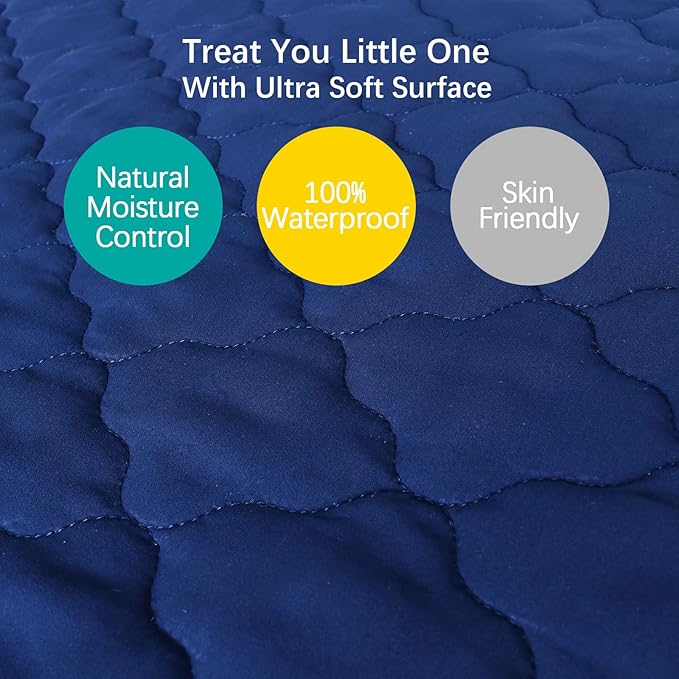 2 Pack Crib Mattress Protector Sheets Fitted Waterproof Crib Mattress Pad Cover, Noiseless & Machine Wash 100% Absorbent Toddler Mattress Protector Sheet Quilted, Gray&Navy, 52" x 28"