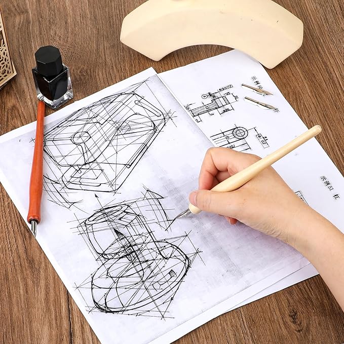 14pcs Oblique Calligraphy Comic Pen Set, 2-in-1 Wooden Pen Holder with 12 Stainless Steel Replacement Nibs for Writing, Signing, Painting, Sketching