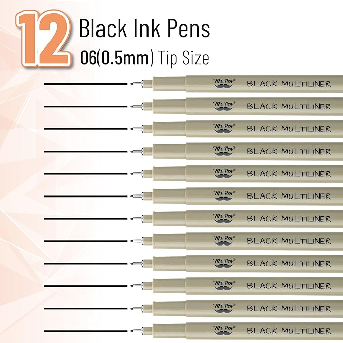 Mr. Pen- 0.5mm Fine Point 12 Pack Black Ink Pens for Drawing & Sketching Bulk, Ideal for Bible Journaling
