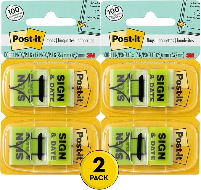 Post-it Sign and Date Flags, 50/Dispenser, 2 Dispensers/Pack, 1 in Wide, Bright Green (680-SD2) (Pack of 2)