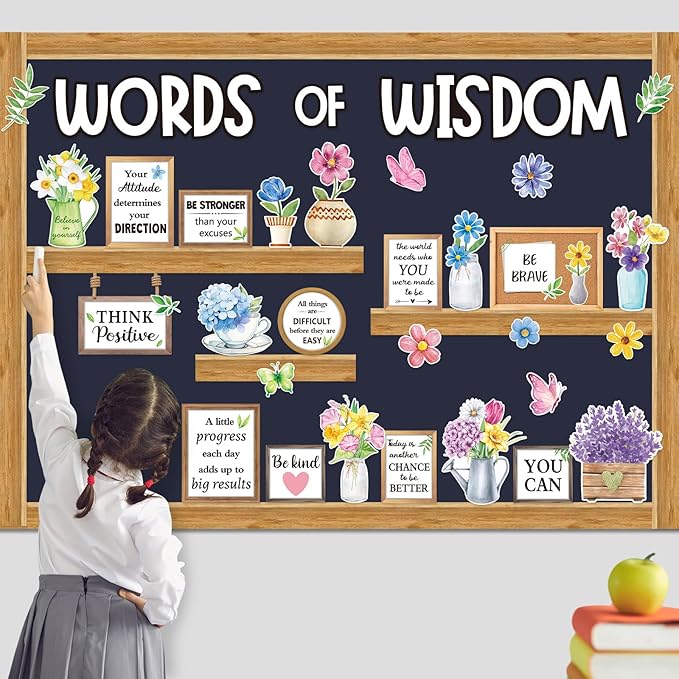 57 Pcs Spring Bulletin Board Set Inspirational Flower Bulletin Board Decoration Positive Cutout Classroom Decoration for School Office Home Teacher Classroom Wall Supplies
