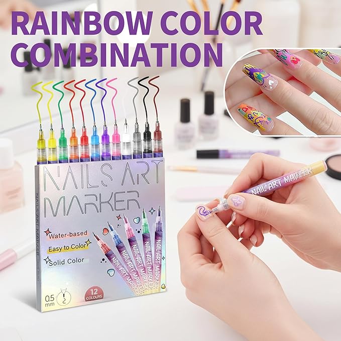 12 Colors Nails Art Pens Set,0.55mm Ultra Fine Tip,Upgraded Gel Nail Markers for 3D Designs,DIY Nail Painting Detail Drawing Tools (B-2 Set)
