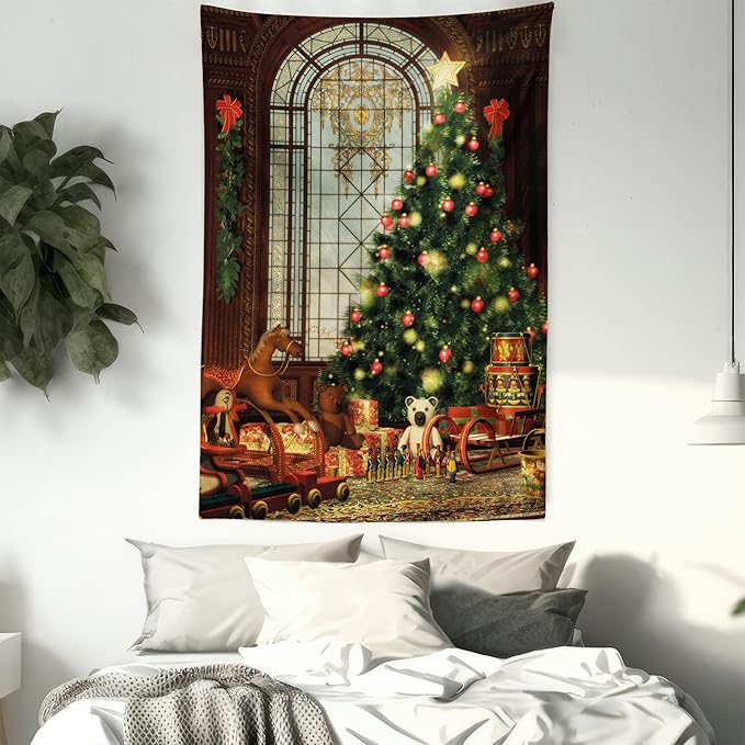 Ambesonne Christmas Tapestry Queen Size, Vintage Ambiance Big Old Fashioned Window Xmas Tree Various Presents, Wall Hanging Bedspread Bed Cover Wall Decor, Queen Size, Brown Red Green
