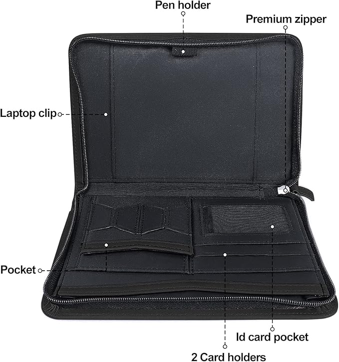 Godery Leather Zippered Padfolio Portfolio Binder 5 x 8 Legal Writing Pad, Professional Business Portfolio for Men & Women, Card Holder, Notepad Clipboard Holder (Black)
