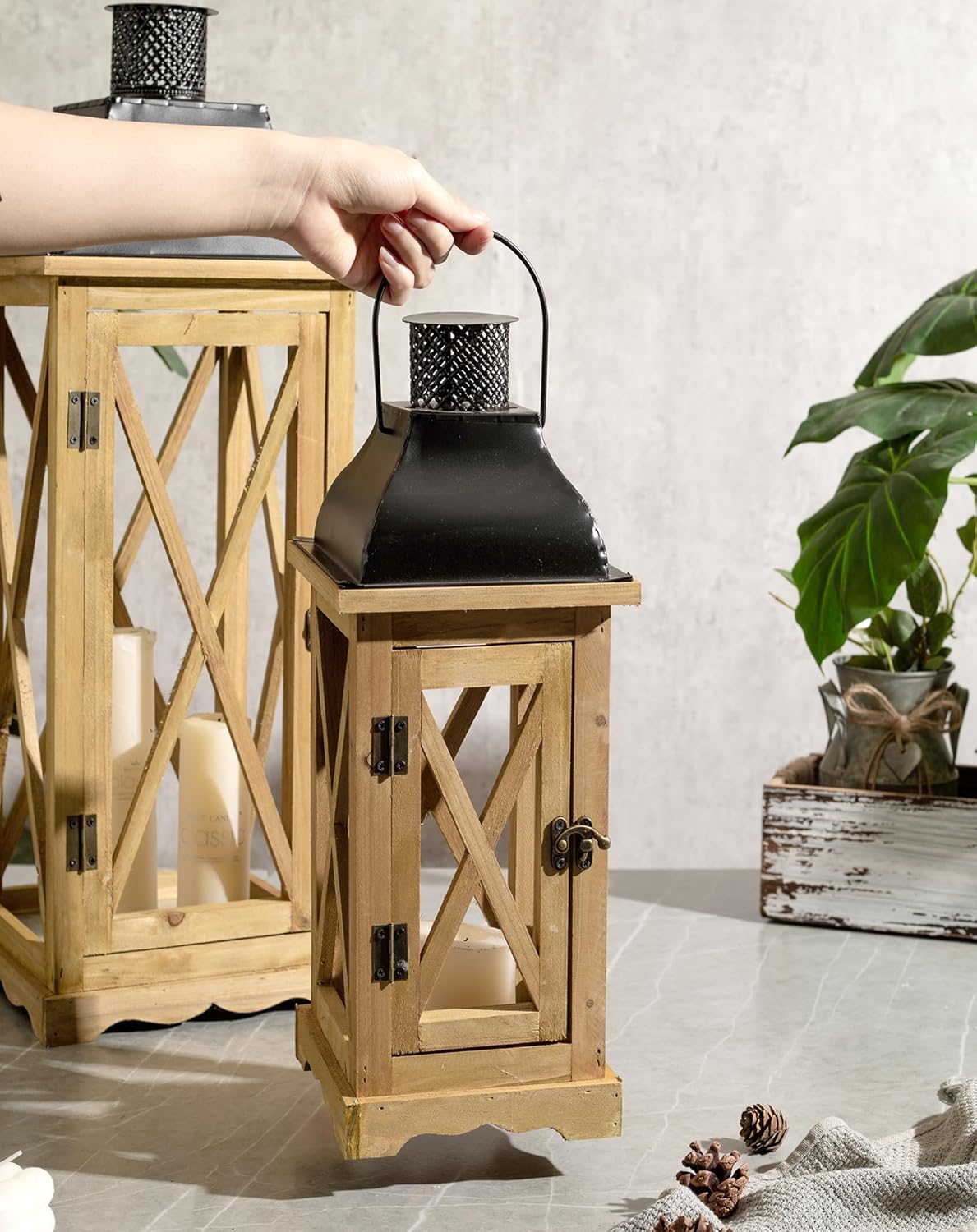 Farmhouse Wooden Metal Candle Lantern Set of 2, Rustic Large Decorative Floor Lanterns, Indoor/Outdoor Hurricane Lantern for Home Decor (No Glass)