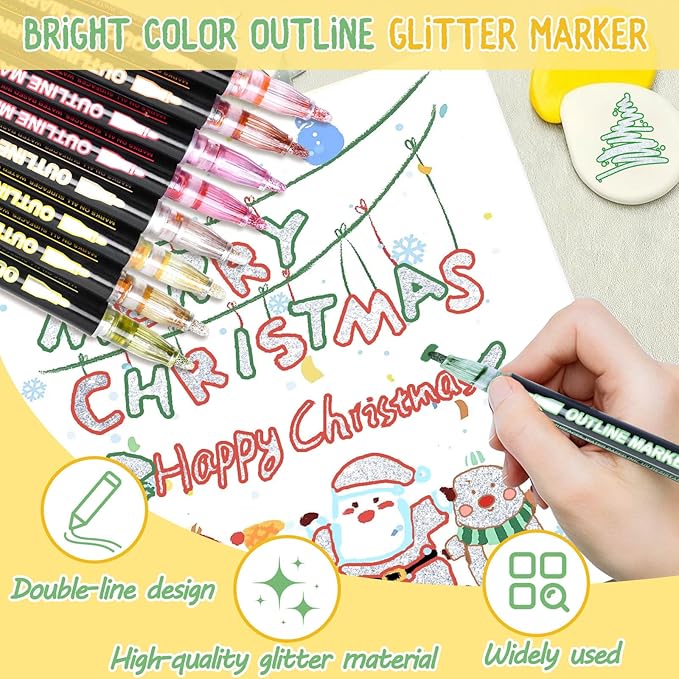 24Colors Outline Glitter Markers, Coloring Gel Pens for Stocking Stuffers, Colored Drawing Pens for Christmas Gifts, Glitter Gel Pens Shimmer Markers for Art Supplies