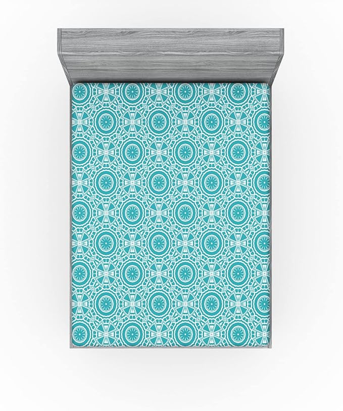 Ambesonne Boho 2 Pack Fitted Sheet, Modern Mandala Effect Pattern, Bed Cover All-Round Elastic Deep Pockets 2 Pieces, Package Contains 2 Full Size Fitted Sheets, Dark Seafoam and White