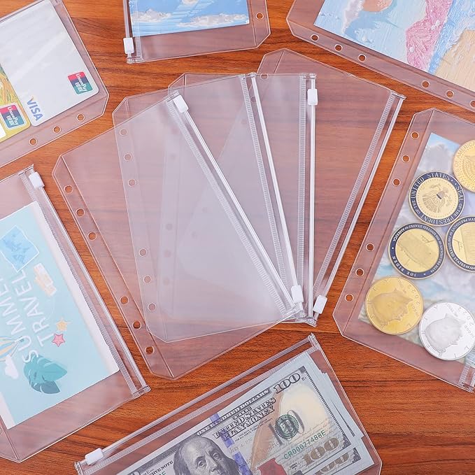 Antner 12pcs A6 Size Binder Pockets 6 Holes Budget Cash Envelopes for Budgeting, Clear Zipper Folders Loose Leaf Bags for A6 6-Ring Budget Binder, Waterproof PVC Document Pouch Filing Bags