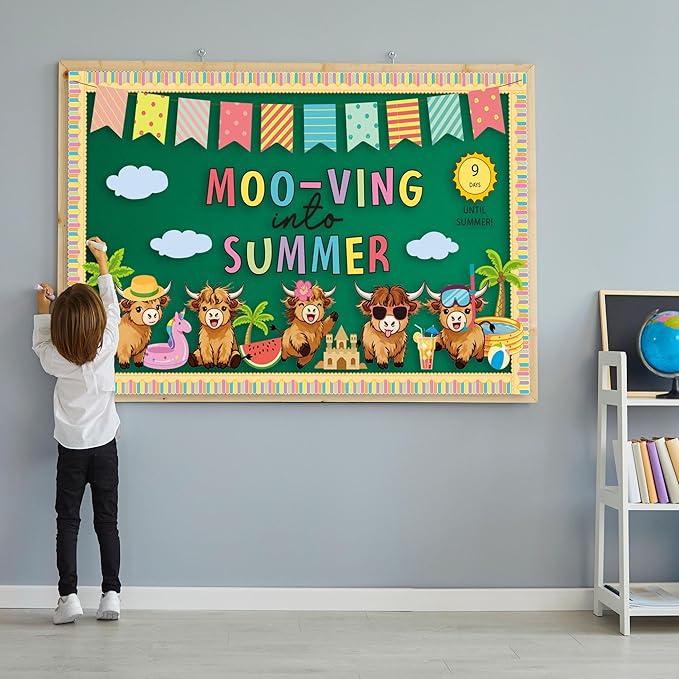 Summer Bulletin Board Set Highland Cow Bulletin Board Classroom Decorations Mooving Into Summer Cutouts for Teacher Classroom School Office Chalkboard Wall Library Window Home Decor