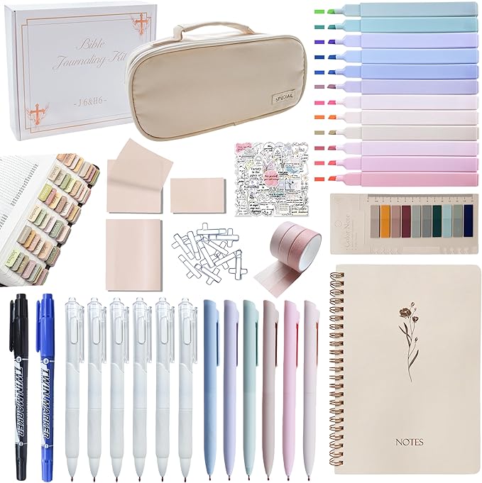 J6&H6 Bible Study Supplies Journaling Kit with Tabs, Highlighter and Color Pens,Multi Functional Pencil case.Study Group Essentials Accessories Set for Women, Beginner Christian Gifts(Lvory White)
