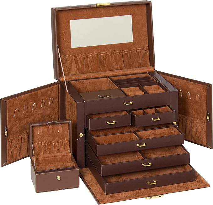 Best Choice Products Leather Collectors Organizer Storage Case for Jewelry Trinkets w/Mini Travel Case, Shelves, Hooks, Drawers, Pockets, Brown