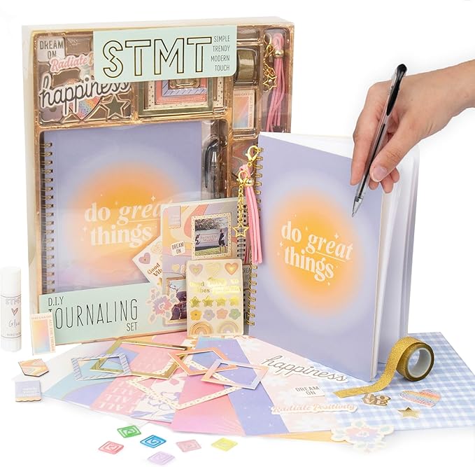 STMT DIY Journal Set, 70-Sheet Hardcover Spiral-Bound Kit, Over 35 Stationery Supplies, Including Stickers, Frames, Pen, Keychain, Glue Stick & More, Girls Gifts