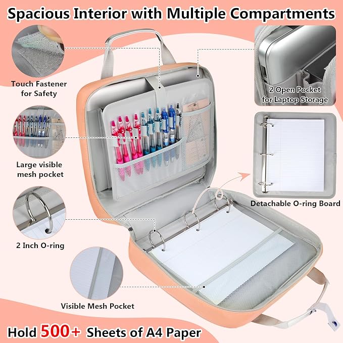 3 Ring Zipper Binder Bag 2 Inch with Shoulder Strap, Waterproof Nylon Binder with Zipper for 500 Sheet Capacity, Multi-Pocket Portfolio Organizer Case for 13 Inch Laptop Middle School (Peach)