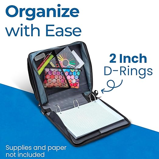 Case-it 2 Inch 3 O-Ring Zipper Binder with Padded Laptop Case Workstation, Shoulder Strap, LT-117, Black
