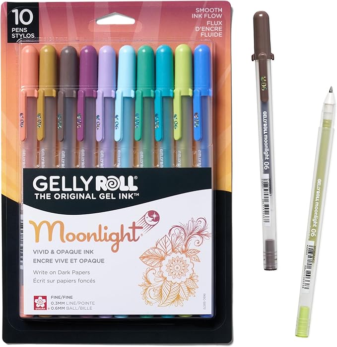 SAKURA Gelly Roll Moonlight 10 Pack, 06 Fine point, Earth & Jewel Tone Colors, Opaque Gel Pens, Creamy Smooth Ink, Writes on Dark Paper