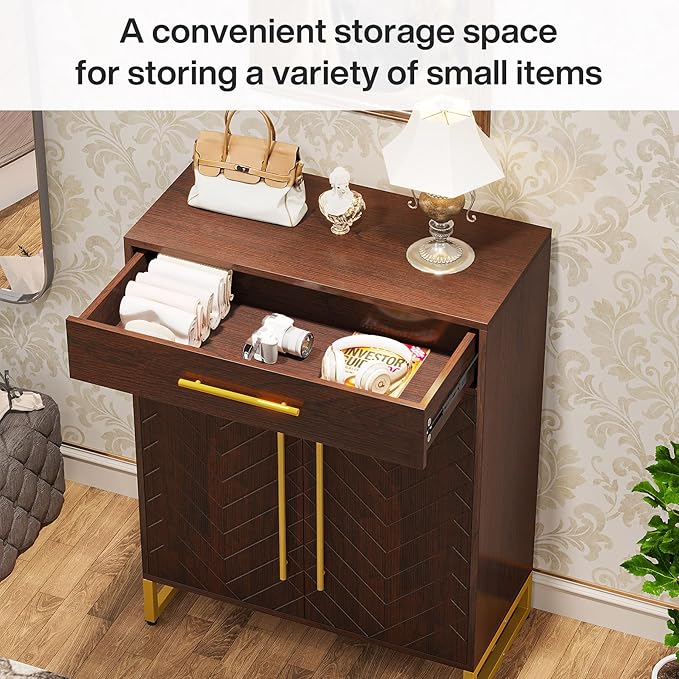 Tribesigns Shoe Cabinet with Doors, 20 Pairs Shoe Storage Cabinet with Drawer for Entryway, Modern Shoe Rack Organizer with Adjustable Shelves for Hallways Bedroom Living Room, Walnut & Gold