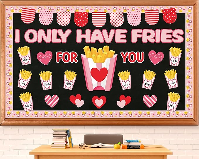 party greeting Valentine's Day Fries Bulletin Board Set Valentines I Only Have Fries for You Classroom Decor Love Heart Name Border Trims Paper Cutouts for School Classroom Home Wall Decor Supplies