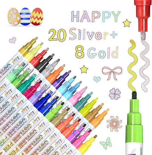 Glitter Markers Outline Pens, Tween Teen Girl Gifts Trendy Stuff, 28 Pack Gold and Silver Shimmer Metallic Marker Arts Supplies for Kids Ages 6 to 8, 9-12 Birthday Gifts for Cute Cool Fun Crafts Girls