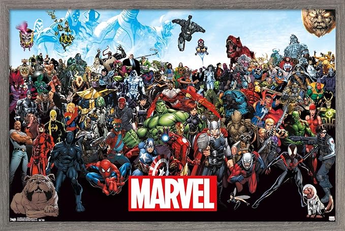 Marvel Comics The Marvel Lineup Wall Poster, 34L" x 22.4W", Barnwood Framed Version