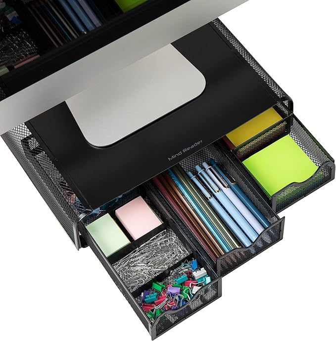 Mind Reader Monitor Stand, Ventilated Laptop Riser, Desktop Organizer, Storage, Metal Mesh, 13.25"L x 12.5"W x 3"H, Black