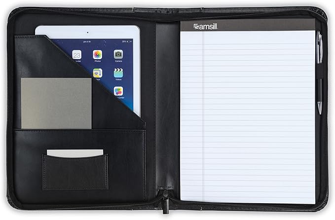 Samsill Contrast Stitch Leather Zippered Portfolio Folder/Business Portfolio for Men and Women, Resume/Document Organizer with Writing Pad, Black (71720)