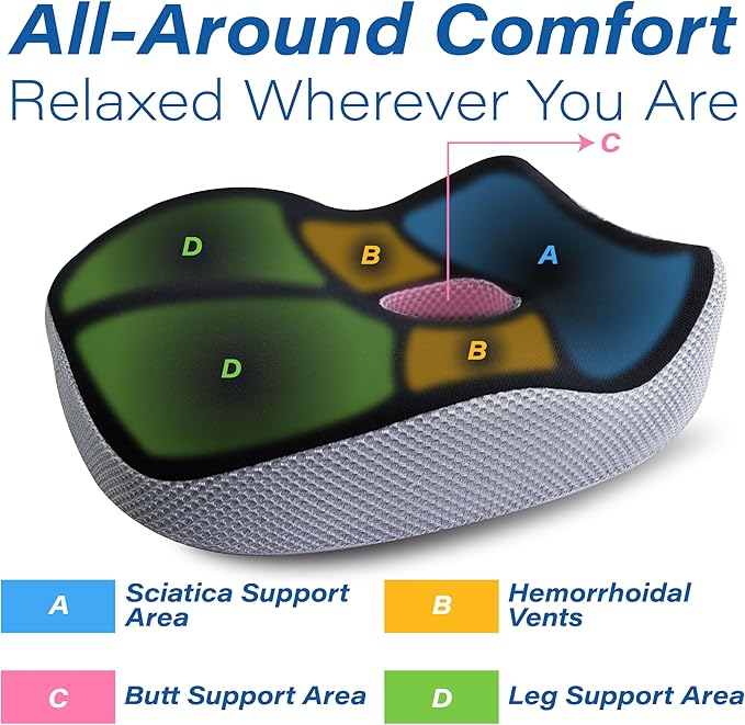 Car Seat Cushion, Ergonomic Memory Foam Car Cushion for Sciatica Pain Relief, Larger Driving Seat Pillow for Short Drivers on Long Drives - Butt Pillow for Truck, Office, Wheelchair - Black&Gray