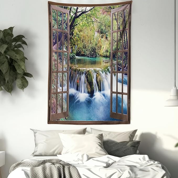 Ambesonne Waterfall Tapestry, Wide Waterfall Deep down in the Forest Seen from a City Window Epic Surreal Print, Fabric Wall Hanging Decor for Bedroom Living Room Dorm, 30" X 45", Brown Black