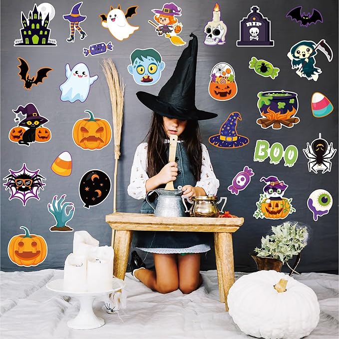 81 Pcs Happy Halloween Cutouts for Bulletin Board Decor Set with Border- Halloween Themed Pumpkin Spider Ghost Witch Paper Cut-Outs Wall Decals for Kids Teacher Classroom School Party Supplies