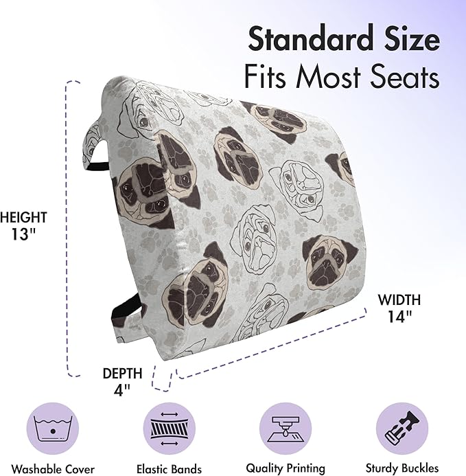 Ambesonne Dog Lumbar Back Support Pillow, Pug Portraits Traces Paw Print Background Canine Pet Illustration Mammal Animal, High Density Foam for Office Chairs Car Seats, 14" x 13", Beige Brown Tan