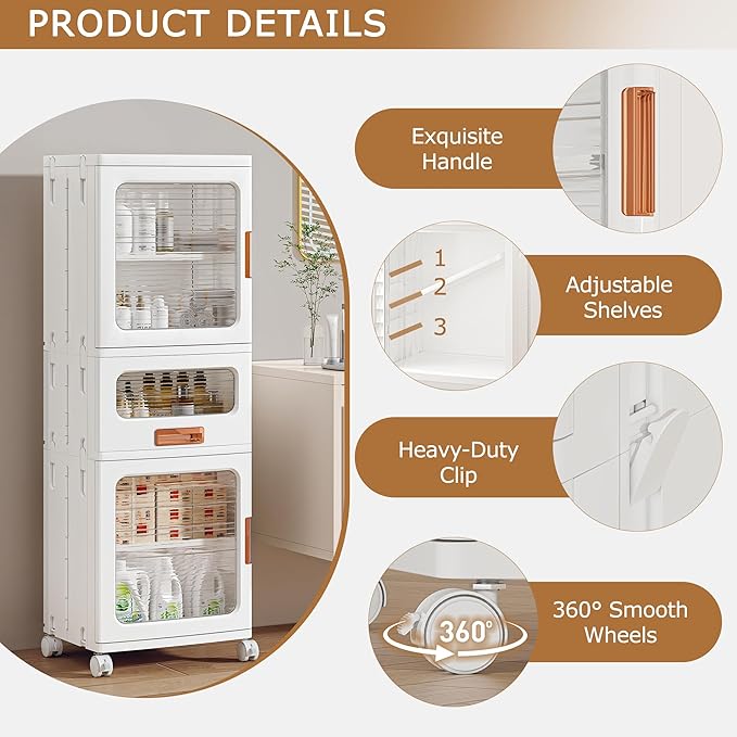 VECELO 3-Tier Narrow Bathroom Storage Cabinet with Drawer, Movable Wheels, Adjustable Shelves, Anti-Tip, Slim, for Small Space, Kitchen, Laundry, White