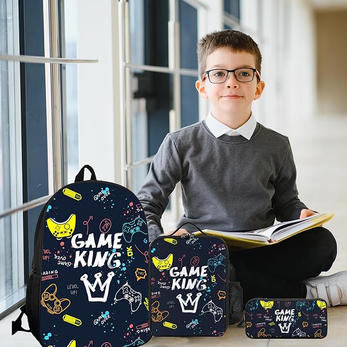 3PCS Gamer Backpack Set for Boys, Lightweight Large Backpack with Lunch Box & Pencil Case, Cool Game Video Bookbag for Kids, Back to School Backpacks for Elementary & Middle School