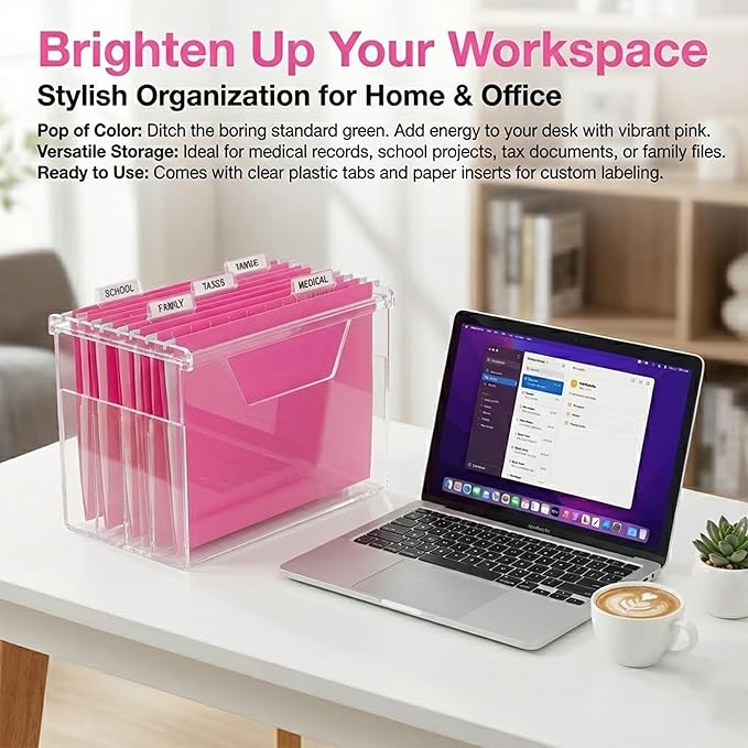 Pink Hanging File Folders,25 Packs Letter Size File Folder,Designed for Bulky Files,Filing Cabinet,1/5 Adjustable Tabs for Office,School,Home