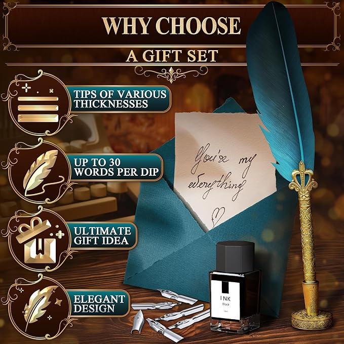 Vintage Feather Quill Pen and Ink Set - Elegant Blue Feather Pen and Ink Set for Signatures, Writing, and Drawing - Calligraphy Kit with Stainless Steel Nib for Beginners and Calligraphy Enthusiasts