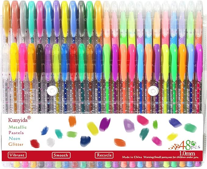 Gel pens for Adult Coloring Book with Case,Including Metallic, Pastel, Neon, Glitter,1.0 mm Fine Point Tip,48 PCS