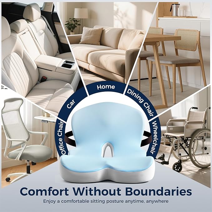Seat Cushion, Office Chair Cushions for Tailbone Relief, Seat Cushions for Office Chair with L-Shaped Ergonomic Design & Adjustable Strap, Memory Foam Chair Cushion for Long Sitting Worker(Blue Grey)