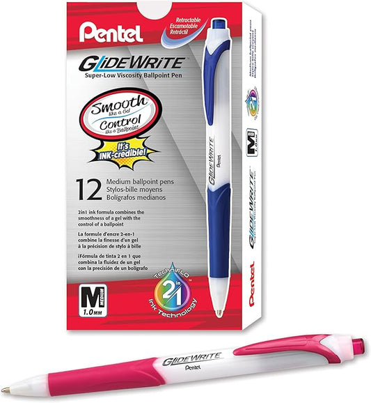 Pentel GlideWrite Ballpoint Pen with TechniFlo Ink, (1.0mm) Medium Line, Pink, Box of 12 (BX910-P)
