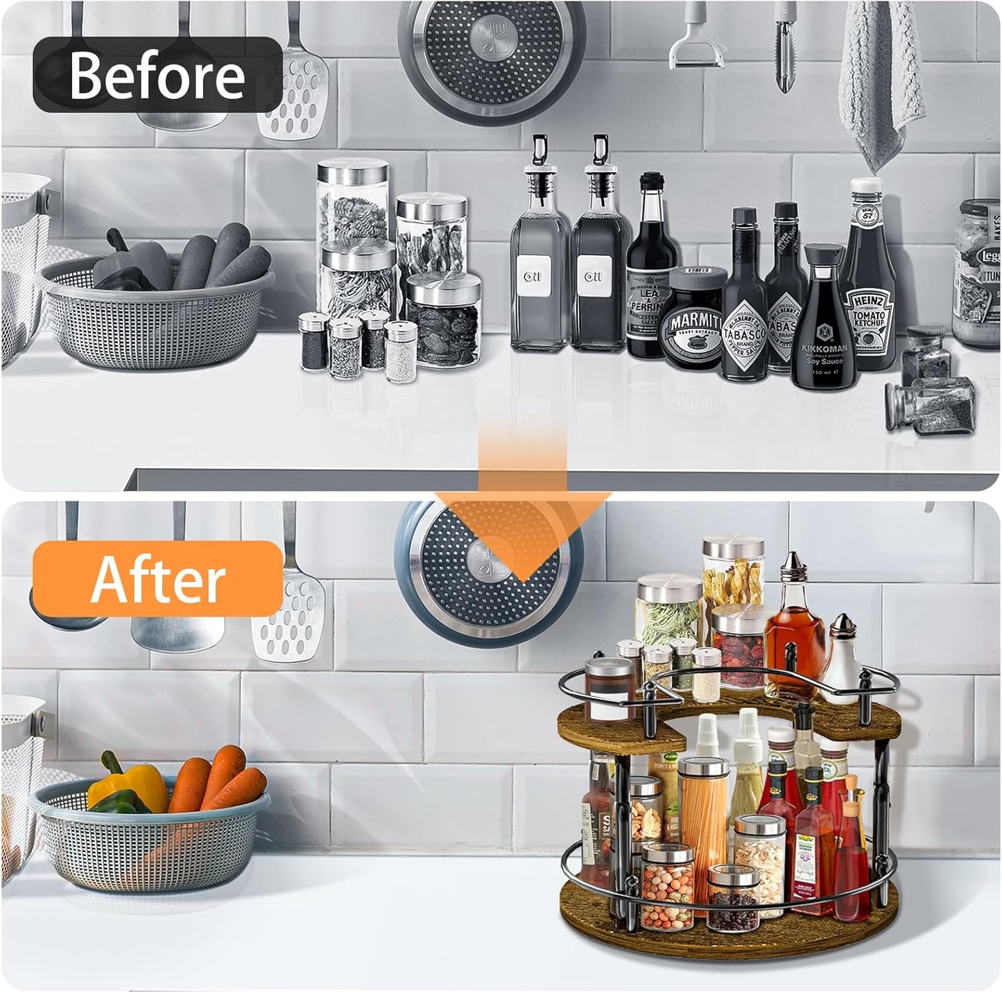 2-Tier Lazy Susan Organizer Turntable Spice Organization U-Shape 11.8" Rotating Spice Rack Height Adjustable for Cabinet, Pantry, Kitchen Countertop, Party