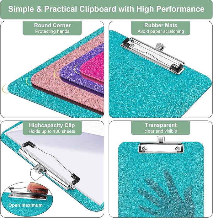 1 Pcs Clear Glitter Clipboards, Plastic Clipboard with Pen Holder,Size 8.85 x 12.4 in Shiny Clipboards with Low Profile Clip, Cute Hanging Clipboard for Office School Supplies Sparkly Clip board-Green