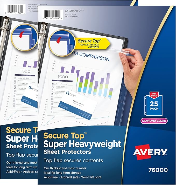 Avery Diamond Clear Top Sheet Protectors, Super Heavyweight Page Protectors for 3 Ring Binder, Clear Binder Sheet, 25 Count (Pack of 2) (86009)