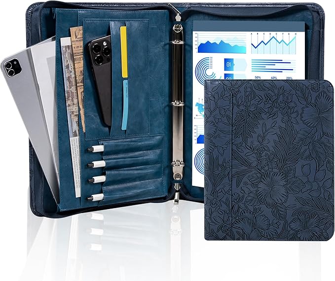 AZXCG Embossed Portfolio Binder,3-Ring Zipper Padfolio for Women and Men,A4/Letter Size,PU Leather with iPad,Professional Organizer for Resume/Interview