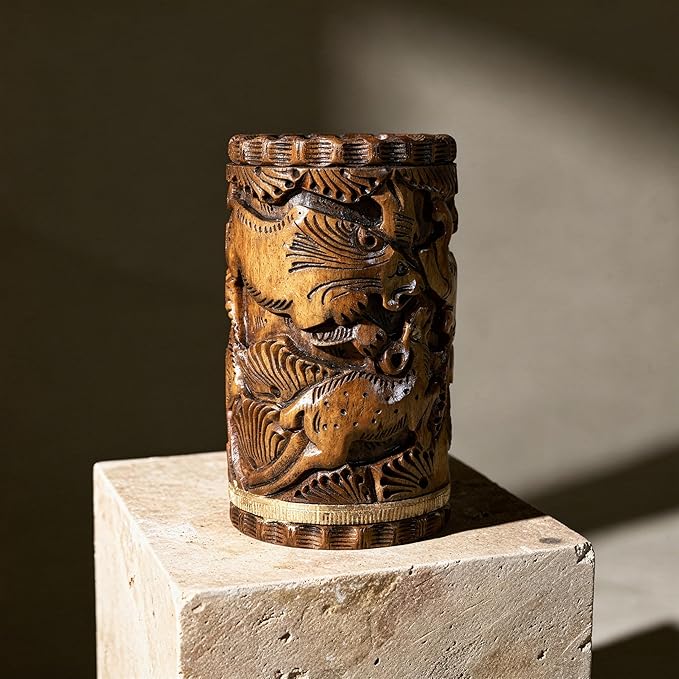 Craft Trade Hand Carved Wood Pen Holder for Desk Organizer for Home School Office Pencil Cup Pot Storage Box Suitable for Stationery - Natural Wood
