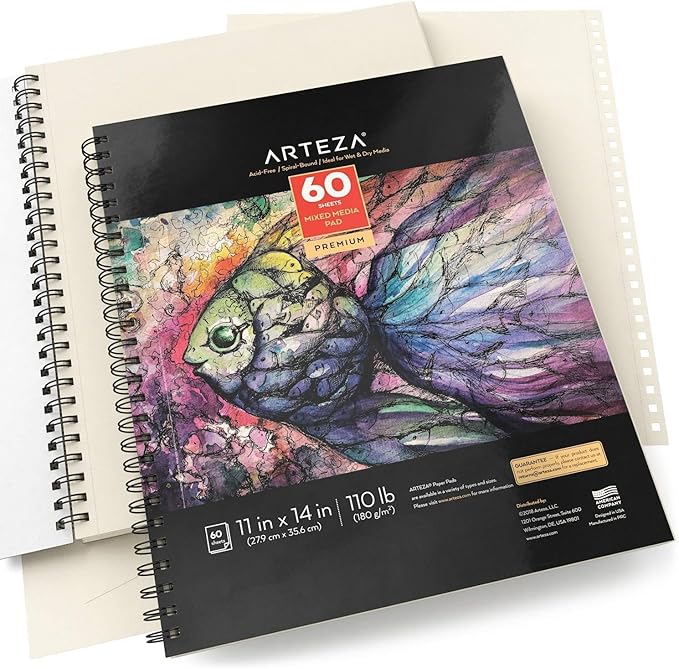 ARTEZA Mixed Media Sketchbook, 11x14 Inches – 12-Pack, 60 Spiral-Bound Sheets, 110 lb Acid-Free Paper for Wet & Dry Media: Acrylic, Ink & Pencil