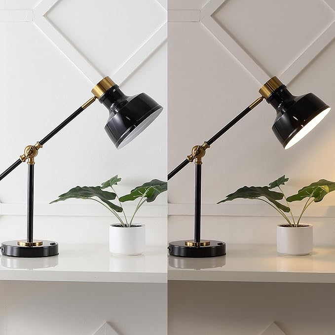 JONATHAN Y 18.5" Black/Brass Gold Adjustable Cantilever LED Task Lamp with USB Charging Port, Vintage Farmhouse Desk Lamp for Home Office Reading, Metal Shade JYL7124A