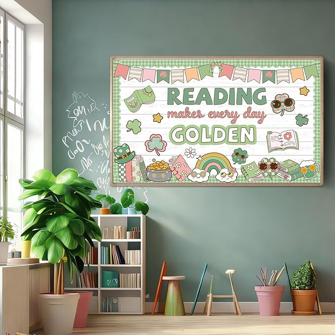 St. Patrick's Day Classroom Bulletin Board Set Reading Makes Every Day Golden Bulletin Board Decorations Irish Clover Cutouts for Bulletin Board St.Patrick’s Party Supply Classroom Chalkboard Decor