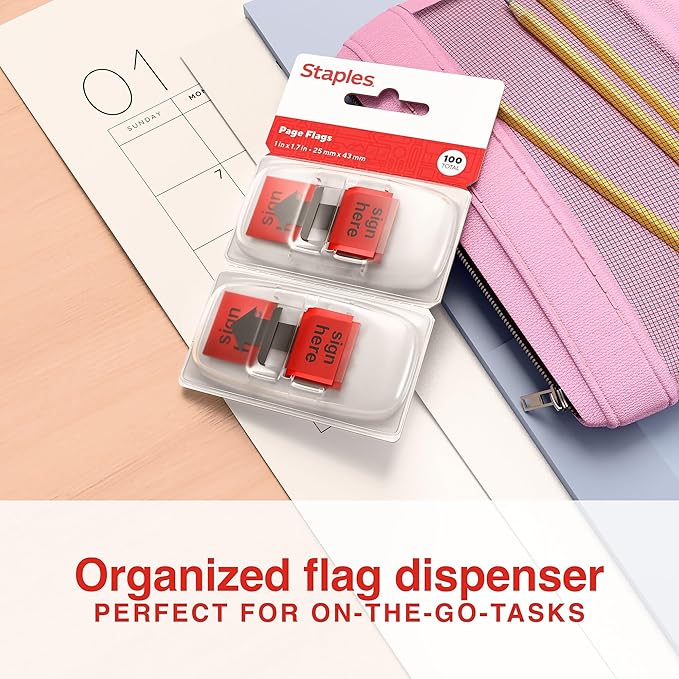 Staples Sign Here Page Flags, 1", Red, 100 Flags – Sticky Tabs for Signatures, Approvals & Document Review